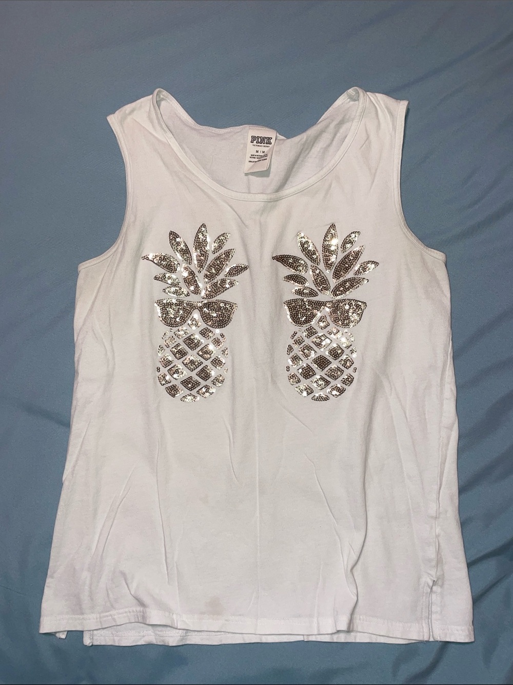 PINK Victoria's Secret White Tank Top with Gold Sequin Pineapples